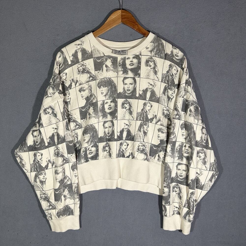 Taylor Swift The Eras Tour Graphic Photo Grid Cropped Sweatshirt in Cream Small